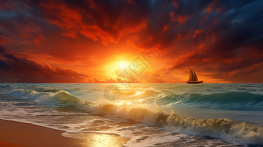 云波浪日落日落海洋的美丽景观插画