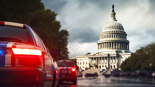 国会大厦前的警车高清图片