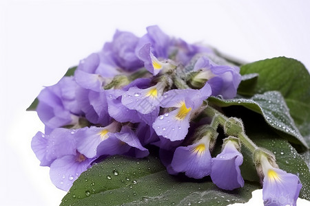 沾满水滴的紫罗兰花朵高清图片