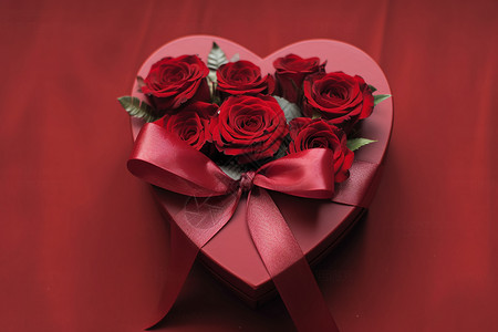玫瑰装饰的心形礼盒背景图片