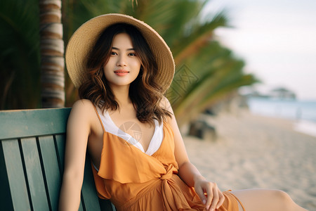 沙滩上戴草帽的女子图片