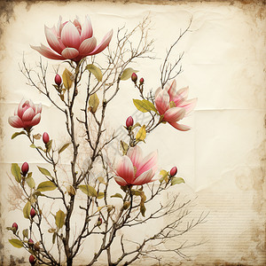 盛开的木兰花国风插图背景图片
