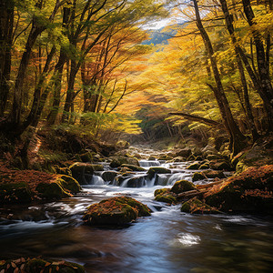秋季树林中的溪流图片