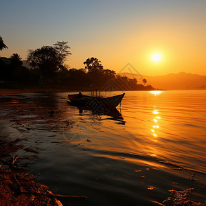 夕阳下湖上的渔船图片