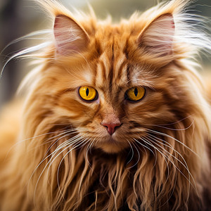 特学猫面部毛茸茸的橘色缅因猫背景