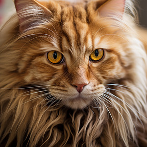 特学猫面部橘色缅因猫的面部特写背景