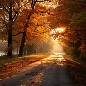 秋季金黄色的林间下路背景图片