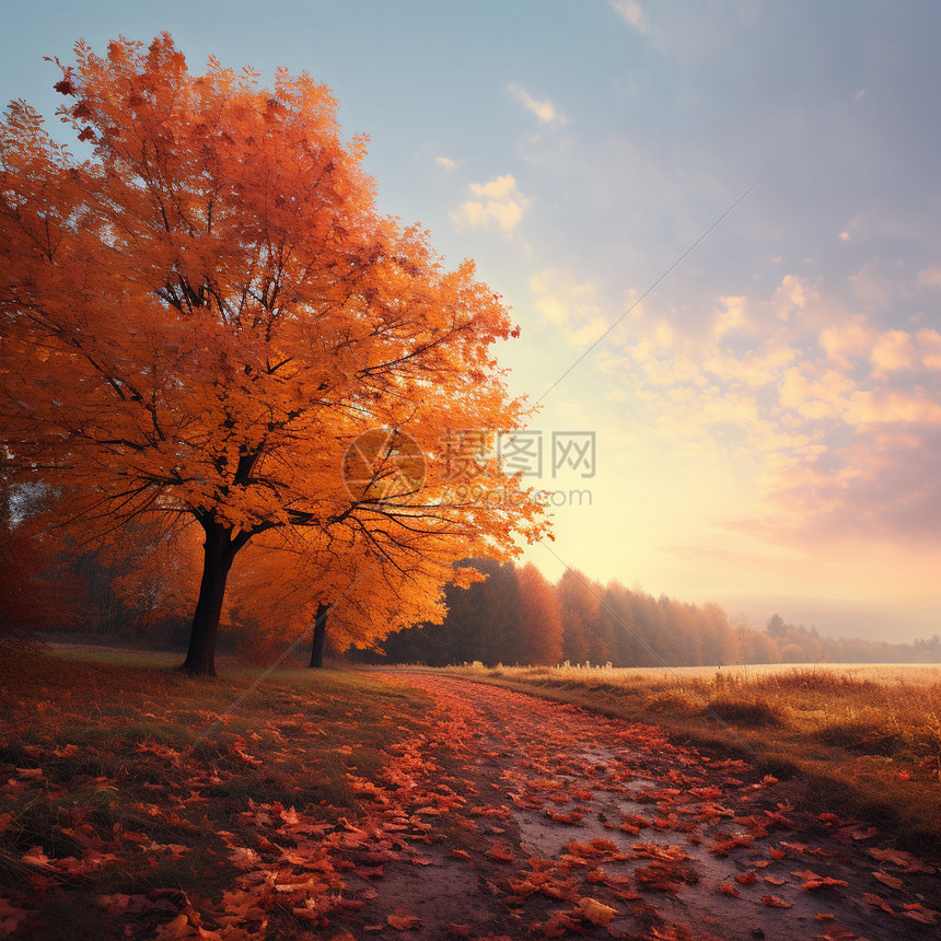 秋季落满树叶的小路图片