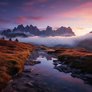 山间晚霞云雾缭绕的山间景观背景