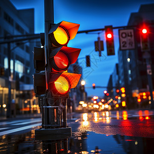夜晚城市街道上的红绿灯图片