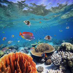 海底珊瑚旁的鱼群图片