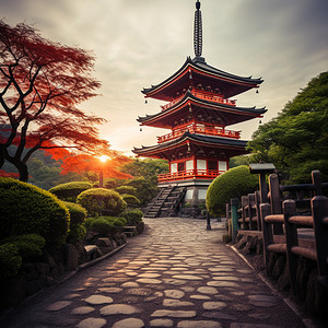 日式寺庙日式建筑园林景观插画