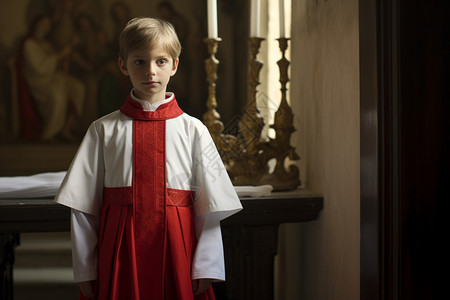 教堂中古典装扮的小男孩图片