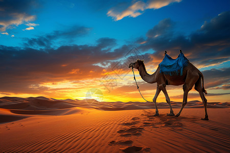 落日时分沙漠上的骆驼图片