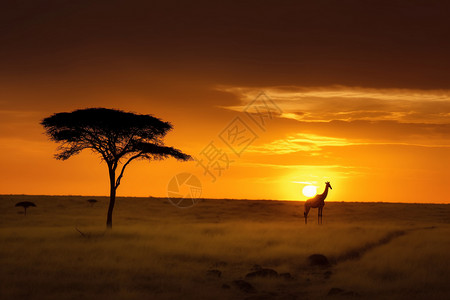 非洲大树夜幕降临的非洲背景