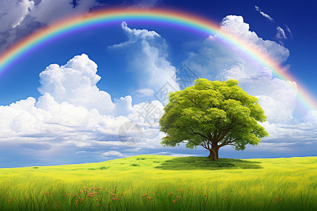 彩虹叶子素材春天草地上的大树设计图片