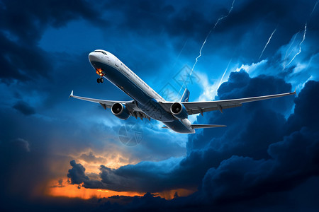 雷雨天气飞行的飞机背景图片