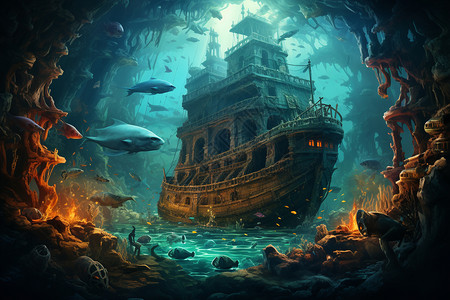 深海海底鲨鱼神秘的深海沉船插画