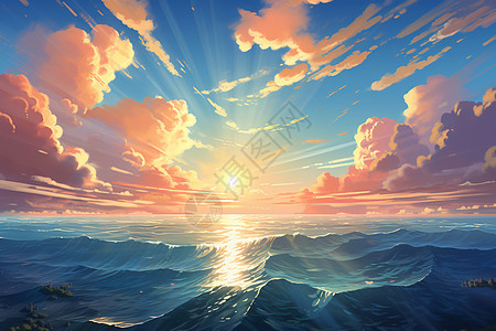 云波浪日落夕阳余晖下的大海插画
