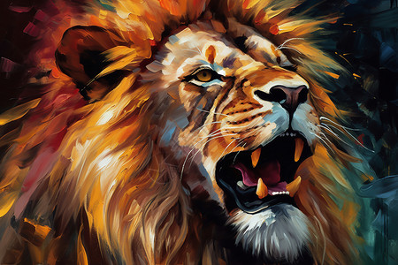 狮子咆哮浓郁色彩的狮子插画