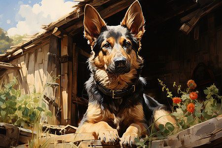 卡通木制谷仓趴在石阶上的狗狗插画