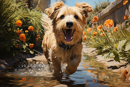 小溪里奔跑的小狗图片