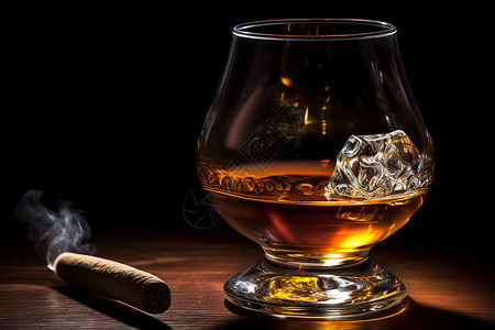 一支冰欺凌酒杯旁点燃的雪茄背景
