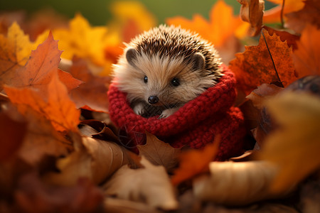 秋季落叶中可爱的小刺猬图片