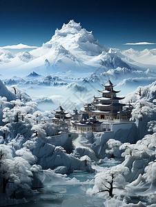 冰川山脉奇幻的冰川寺庙插画