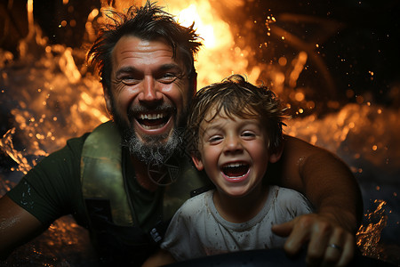 火光中欢乐的父子图片