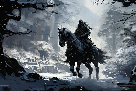 雪林中骑马的武士图片
