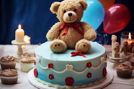 大玩具熊玩具熊装饰的奶油蛋糕背景