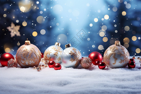 圣诞节菱形花纹雪地中精美的圣诞球设计图片