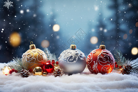 精美边角花纹雪地中的圣诞节装饰球设计图片