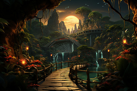夜幕下的丛林城堡背景图片