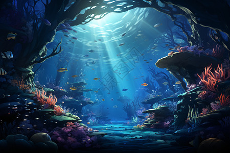 森林礁石海底隧道幻境插画