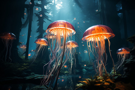 海底森林海底梦幻的水母插画
