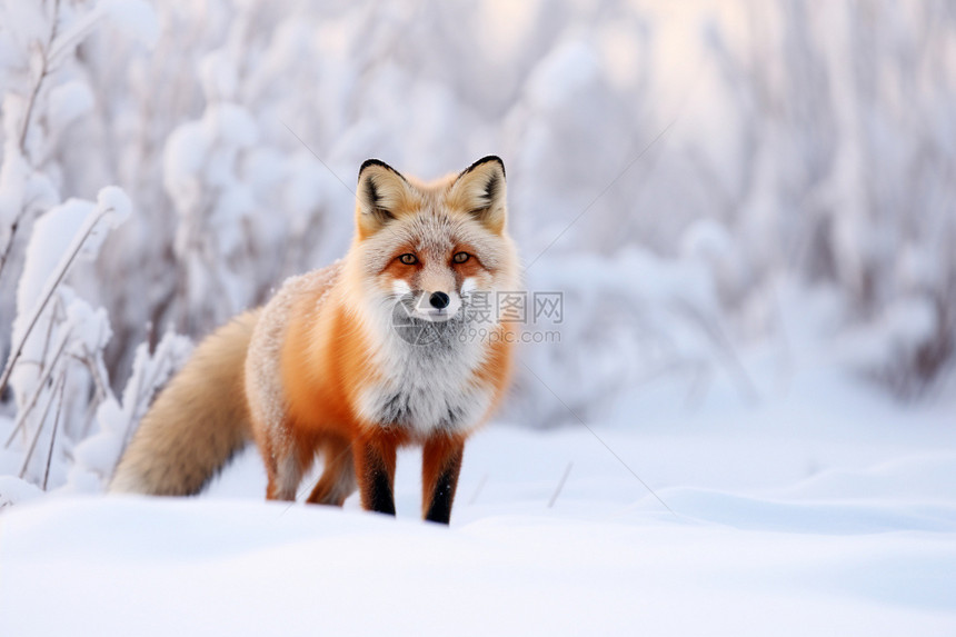 冬季雪地中的红狐狸图片