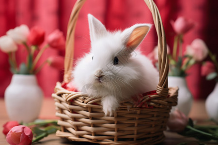 竹篮中白色的兔子背景图片