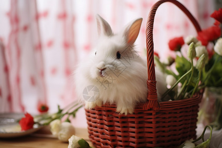 竹篮中的可爱小兔背景图片