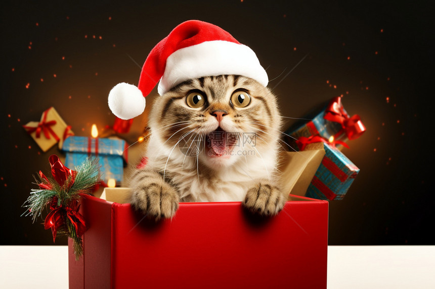 圣诞礼物中的小猫图片