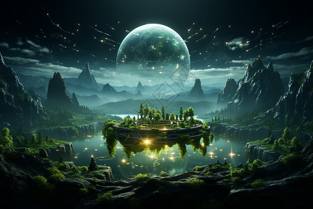 自然湖森林神秘漂浮的小岛设计图片
