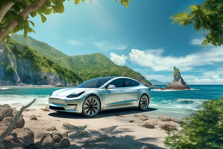 海滩岩石特写海滩边的电动汽车设计图片