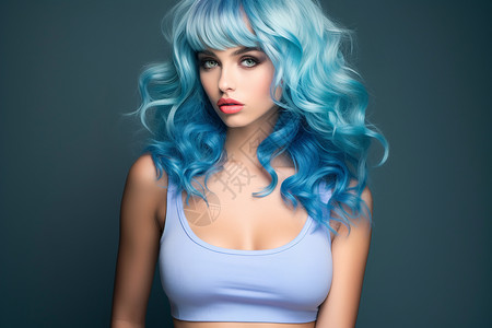 照片假发素材蓝色头发的女孩背景
