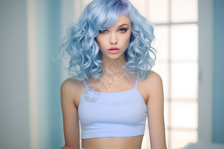 蓝色的卷发女孩高清图片