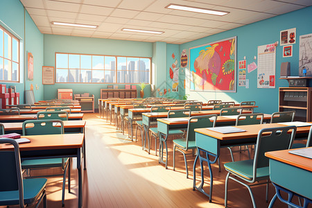 蓝色课桌明媚光线的教室插画