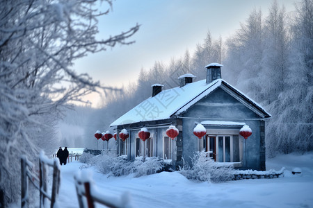 雪地中孤独的农舍图片