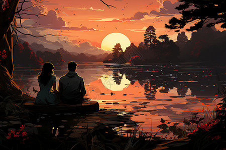 湖畔安静的情侣背景图片