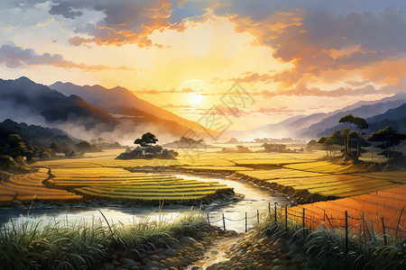 宁静山脉里的稻田图片