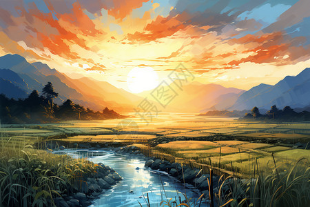 山间美丽景色夕阳映照的稻田插画